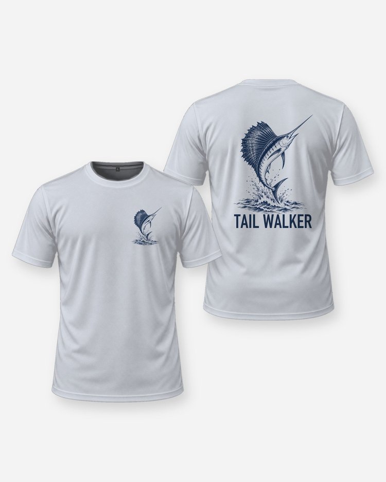 Tail Walker Sailfish Woodcut Offshore Fishing Shirt - front and back
