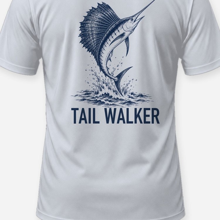 Tail Walker Sailfish Woodcut Offshore Fishing Shirt - print close-up