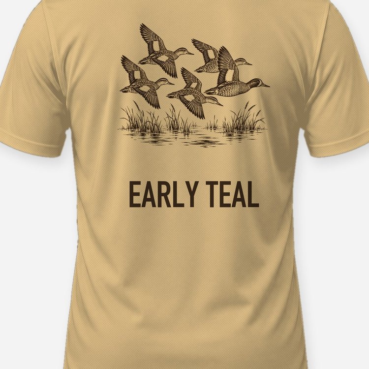 Early Teal Blue Winged Teal Woodcut Duck Hunting Shirt - print close-up