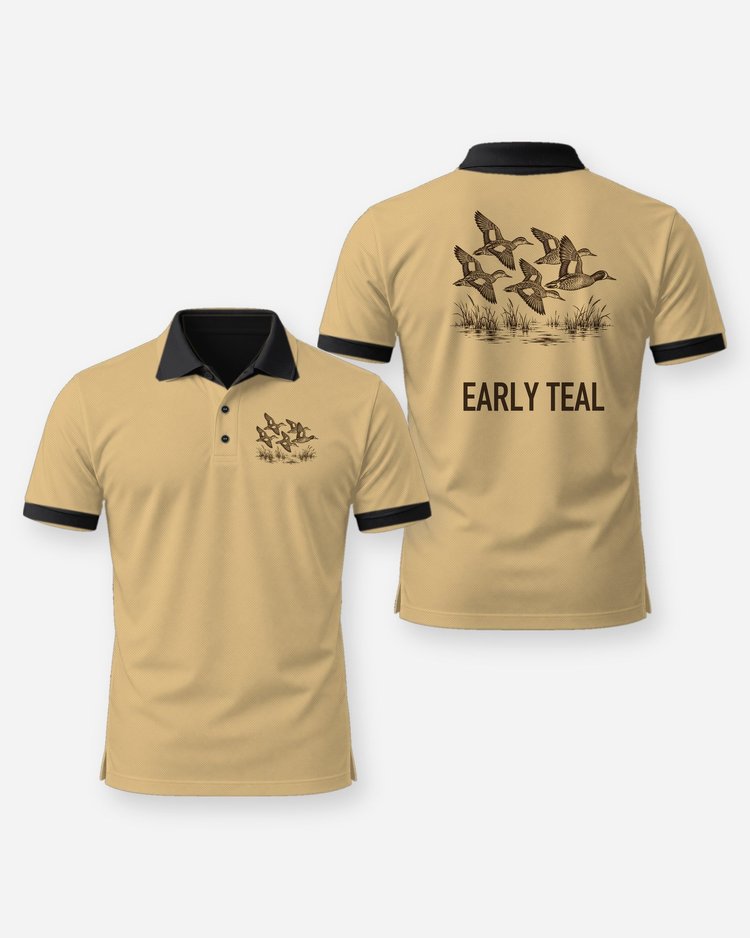 Early Teal Blue Winged Teal Woodcut Duck Hunting Shirt - Polo