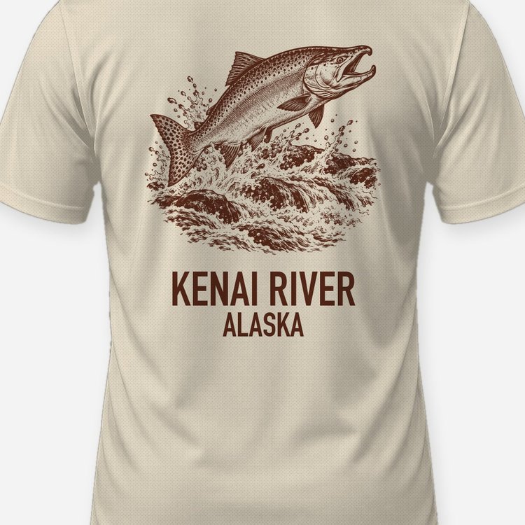 Custom River Name King Salmon Woodcut Fishing Shirt - print close-up