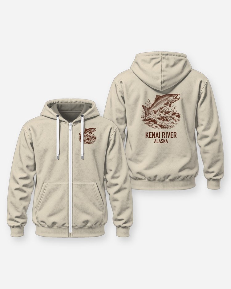 Custom River Name King Salmon Woodcut Fishing Shirt - Zip Hoodie