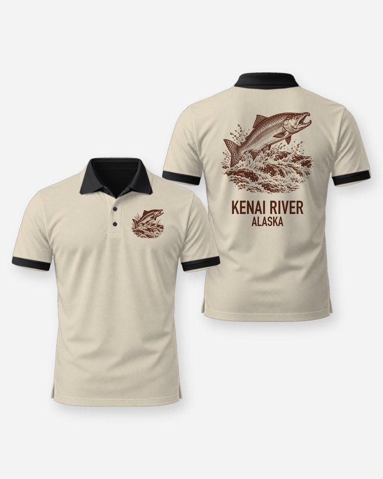 Custom River Name King Salmon Woodcut Fishing Shirt - Polo