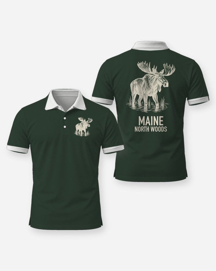 Custom Place Bull Moose Woodcut Hunting Shirt - Polo