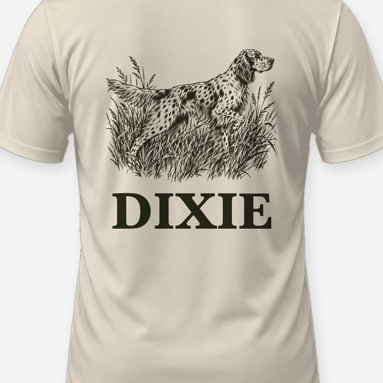 Custom Dog Name English Setter Bird Dog Woodcut Shirt - print close-up