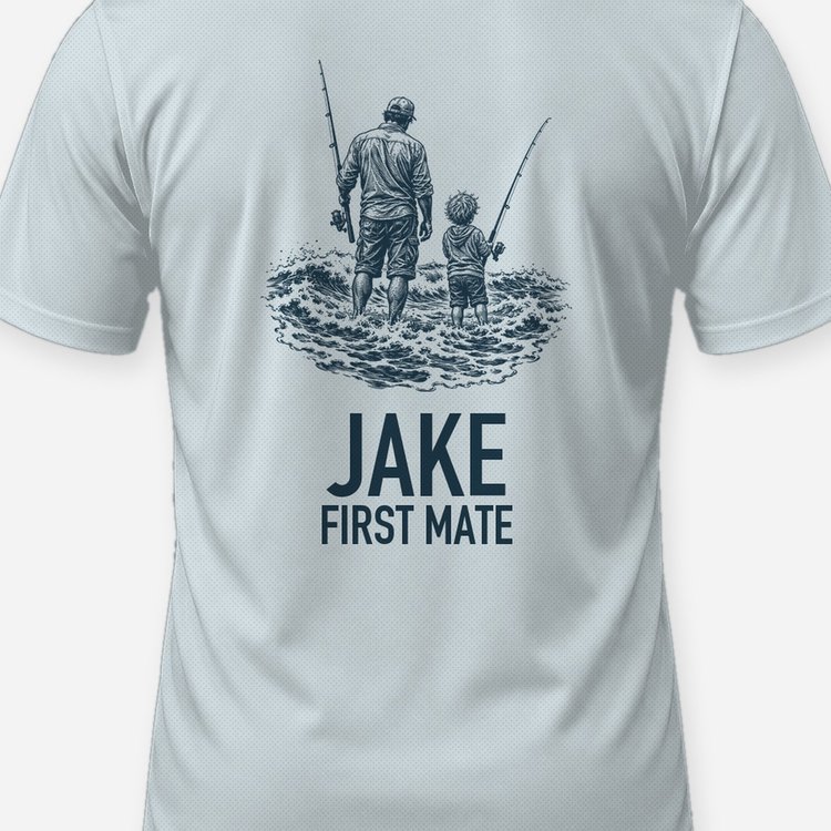Custom Kid Name First Mate Surf Fishing Shirt - print close-up