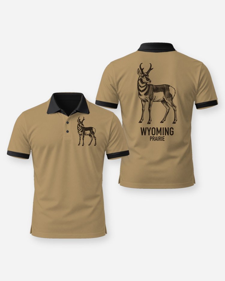 Custom State Pronghorn Antelope Woodcut Hunting Shirt - Polo