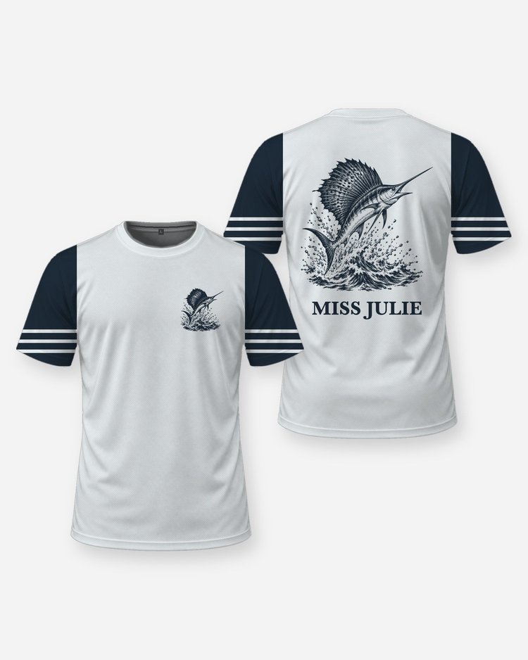 Custom Boat Name Sailfish Woodcut Offshore Fishing Shirt - front and back