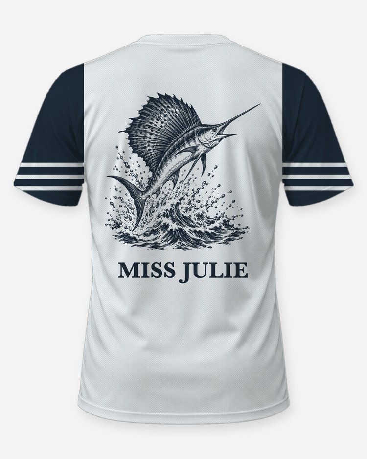 Custom Boat Name Sailfish Woodcut Offshore Fishing Shirt - back