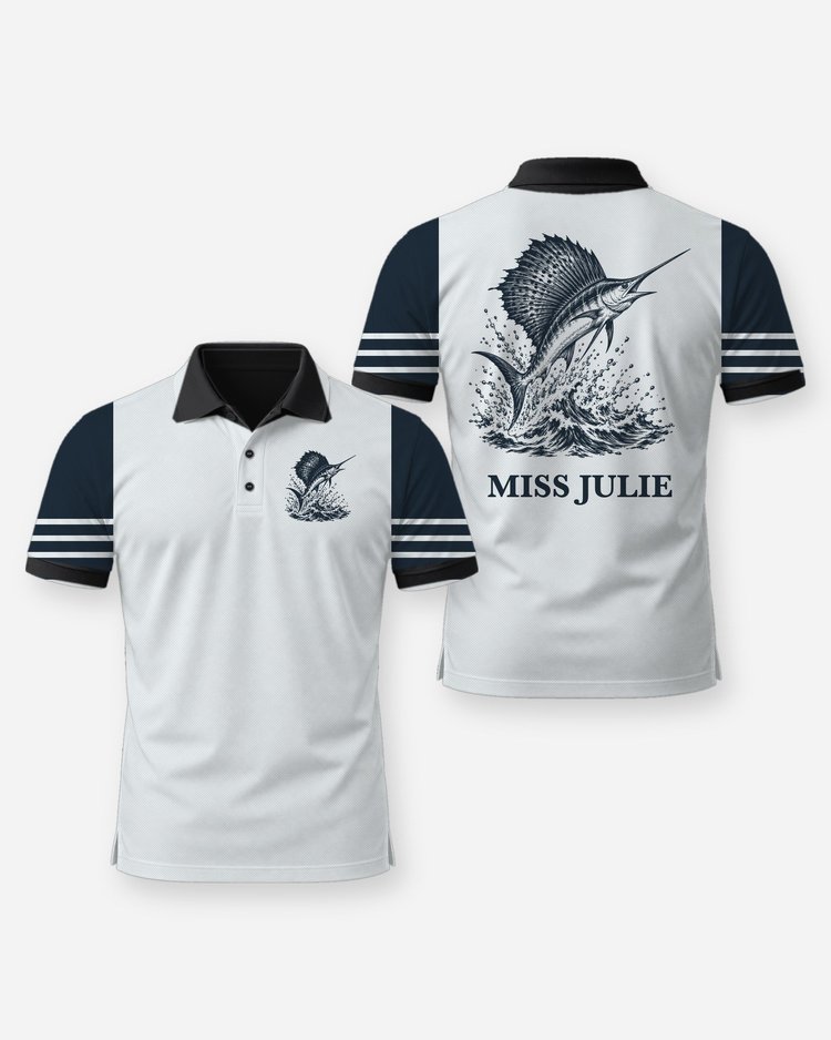 Custom Boat Name Sailfish Woodcut Offshore Fishing Shirt - Polo