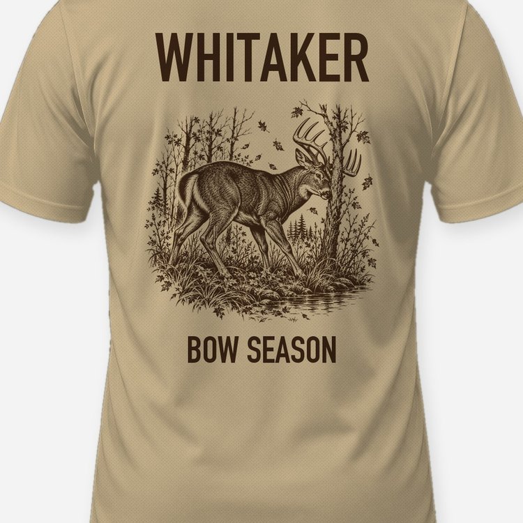 Custom Name Whitetail Buck Rub Bow Season Shirt - print close-up