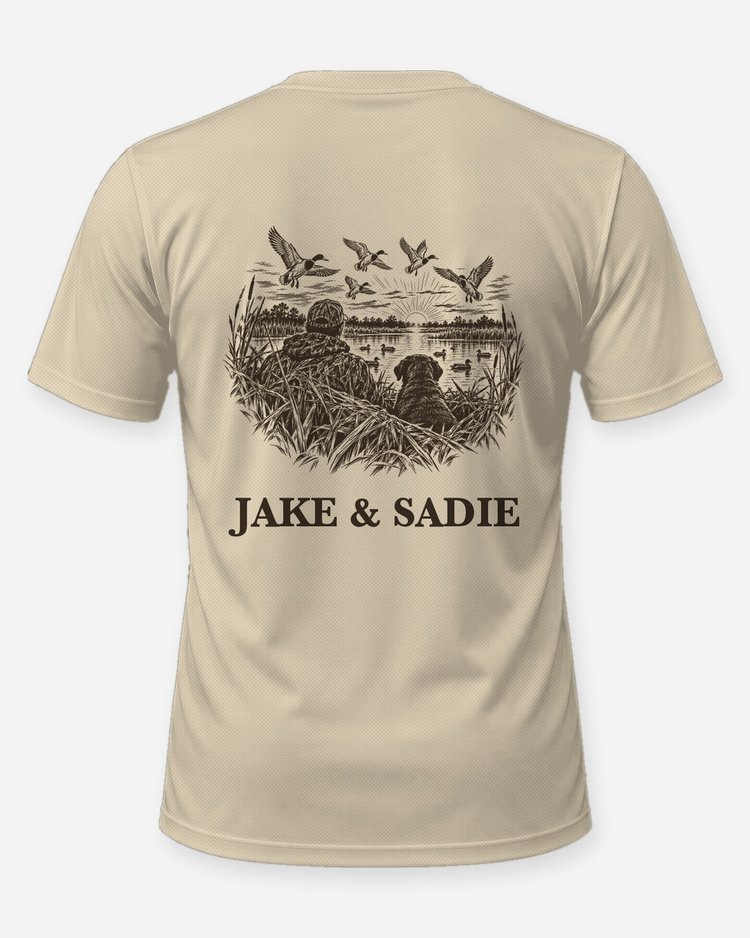 Custom Hunter And Dog Names Duck Blind Shirt - back