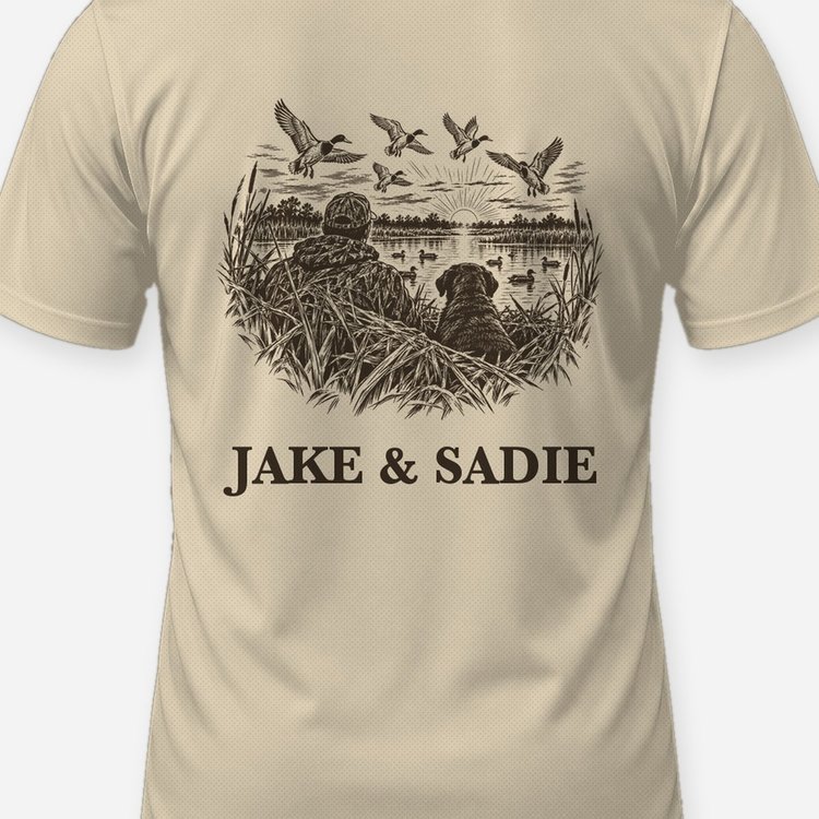 Custom Hunter And Dog Names Duck Blind Shirt - print close-up