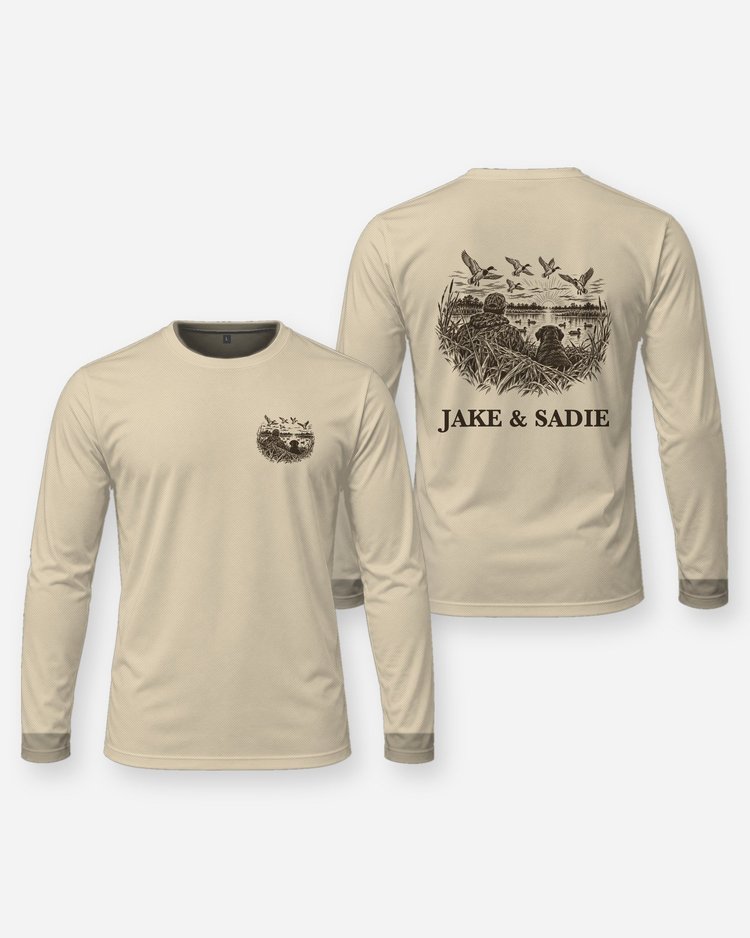 Custom Hunter And Dog Names Duck Blind Shirt - Long Sleeve