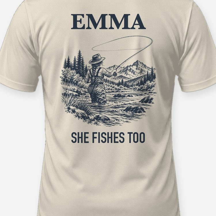 Custom Name She Fishes Too Fly Fishing Shirt - print close-up