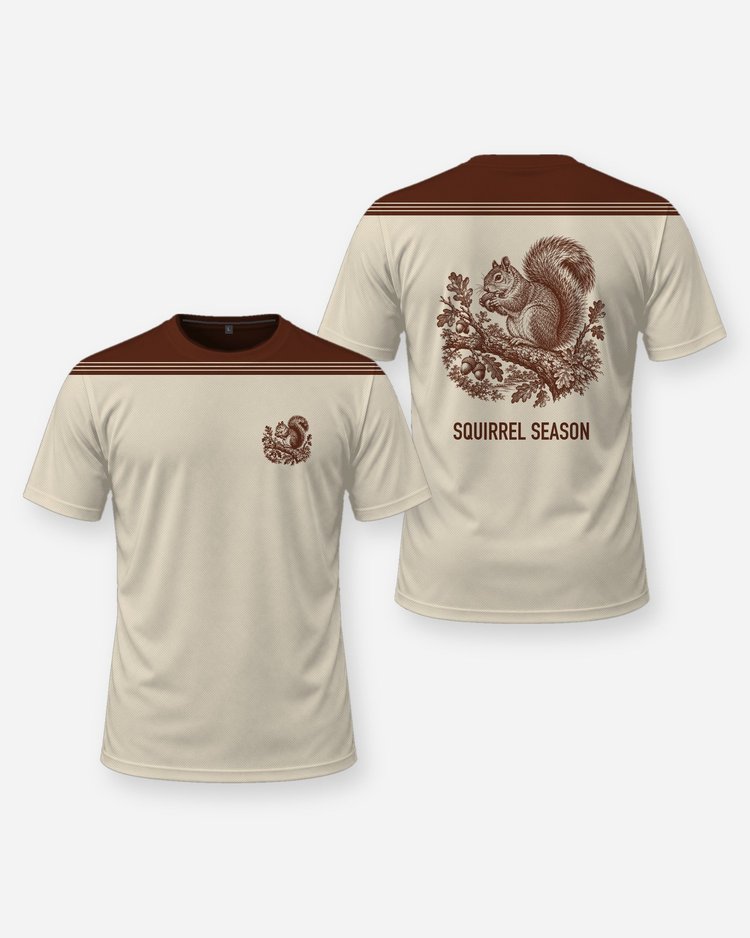 Squirrel Acorn Woodcut Shoulder Yoke Hunting Shirt - front and back