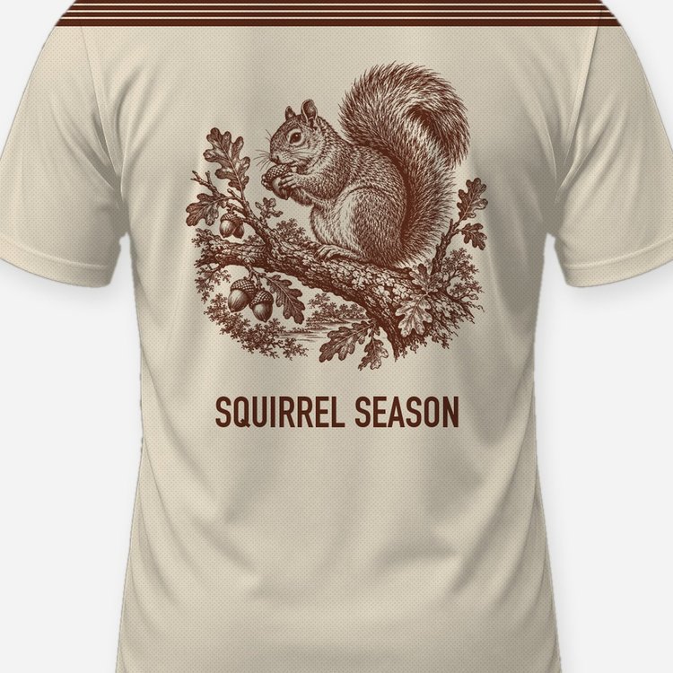 Squirrel Acorn Woodcut Shoulder Yoke Hunting Shirt - print close-up