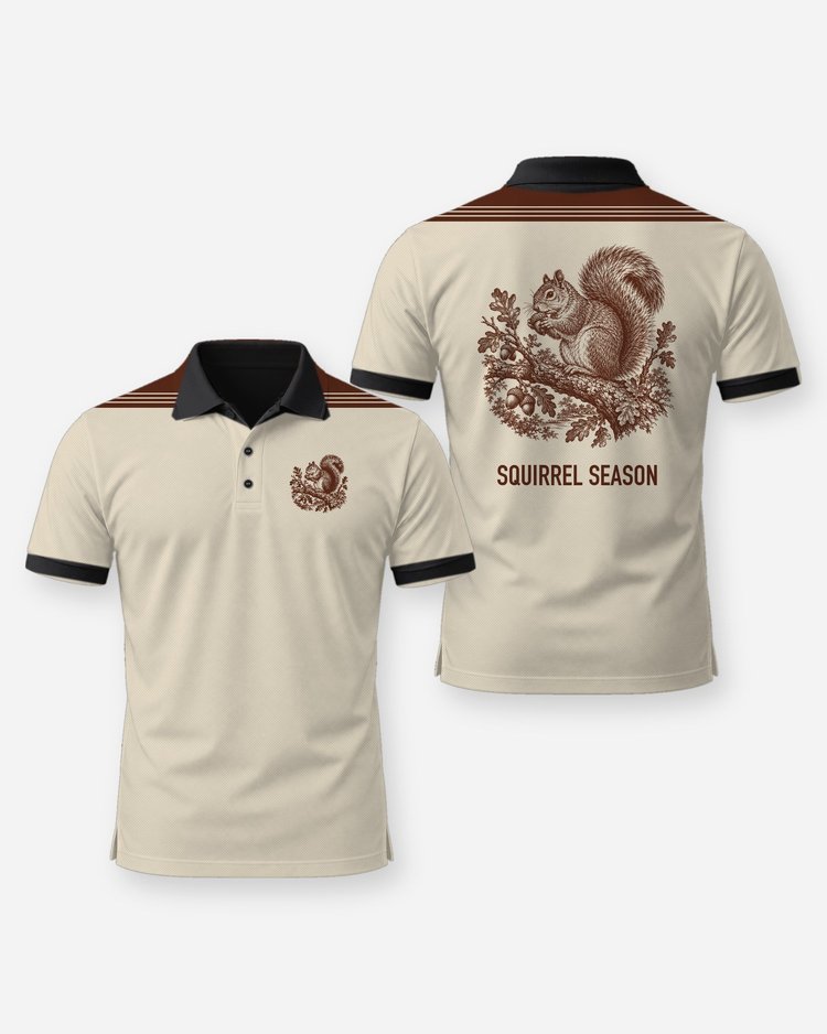 Squirrel Acorn Woodcut Shoulder Yoke Hunting Shirt - Polo