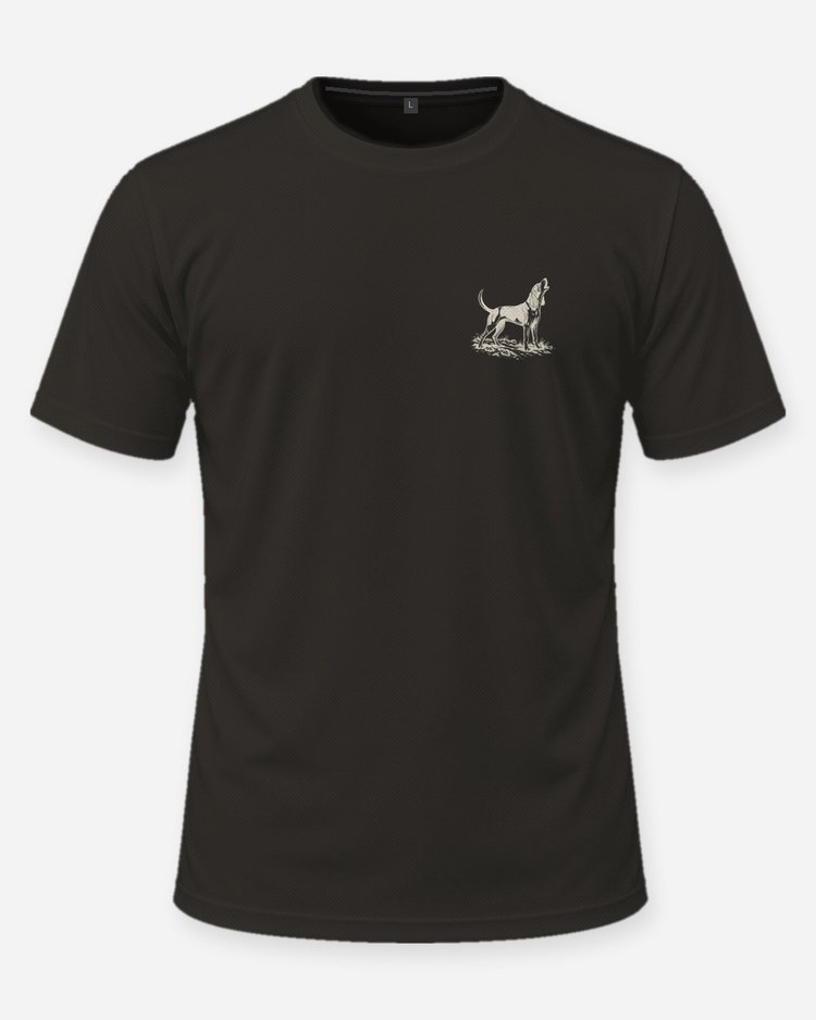 Custom Dog Name Trail Hound Baying Woodcut Hunting Shirt - front