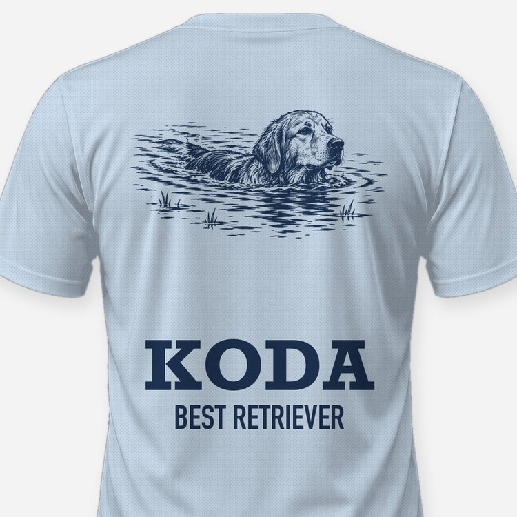 Custom Dog Name Swimming Retriever Woodcut Shirt - print close-up