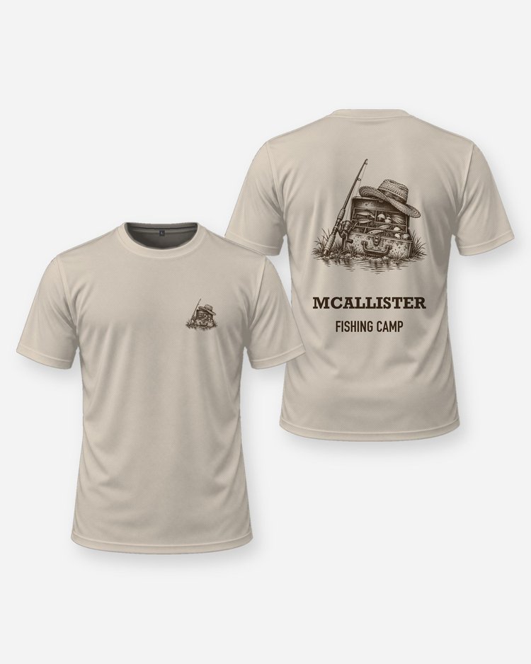 Custom Name Fishing Camp Tackle Box Woodcut Shirt - front and back