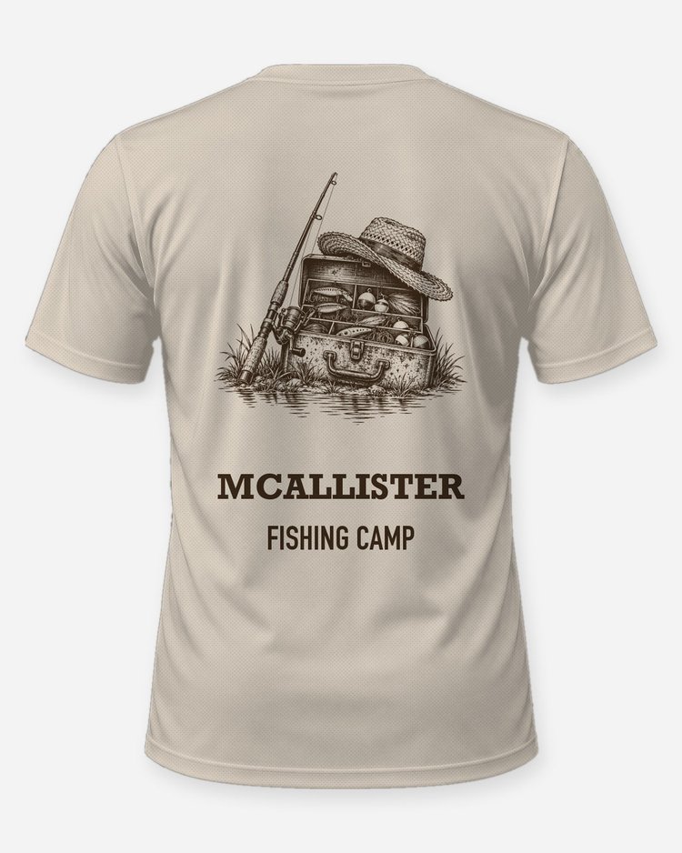 Custom Name Fishing Camp Tackle Box Woodcut Shirt - back