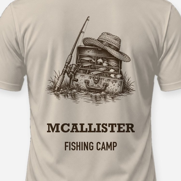 Custom Name Fishing Camp Tackle Box Woodcut Shirt - print close-up