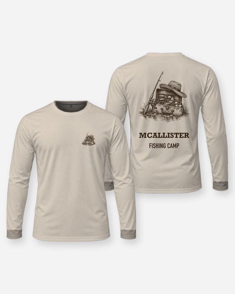Custom Name Fishing Camp Tackle Box Woodcut Shirt - Long Sleeve
