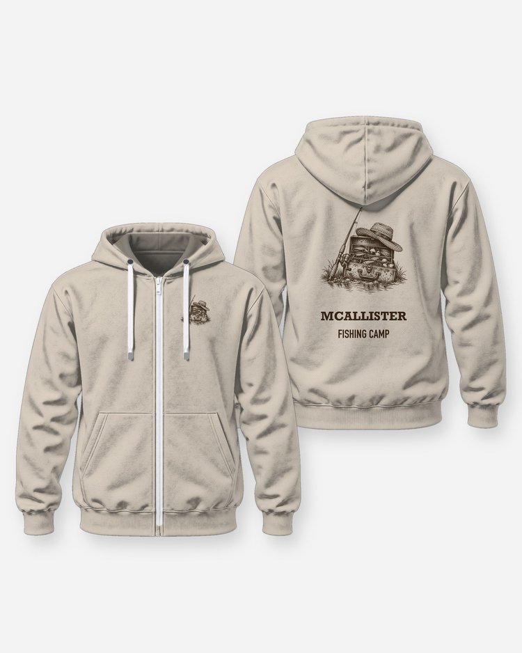 Custom Name Fishing Camp Tackle Box Woodcut Shirt - Zip Hoodie