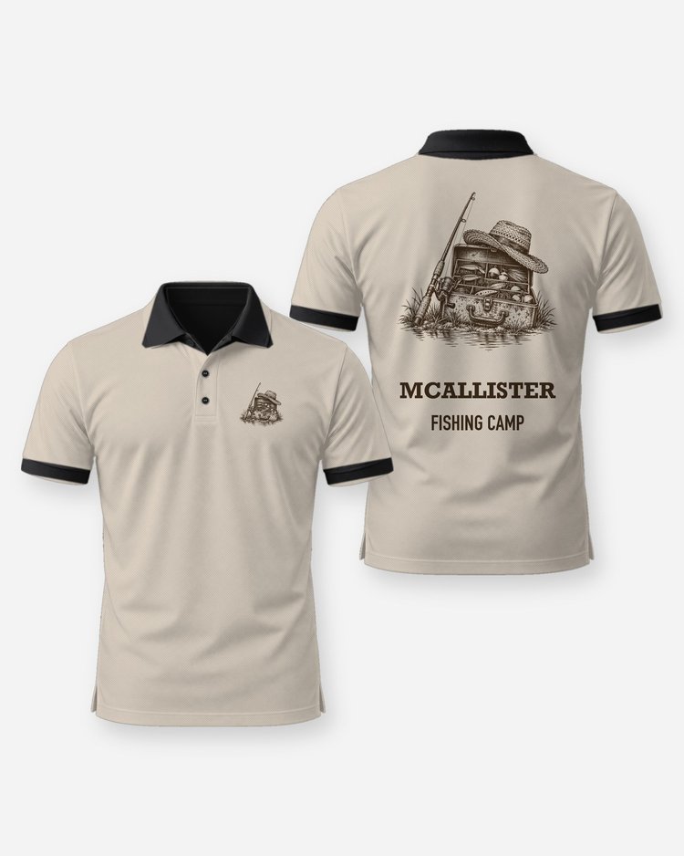 Custom Name Fishing Camp Tackle Box Woodcut Shirt - Polo