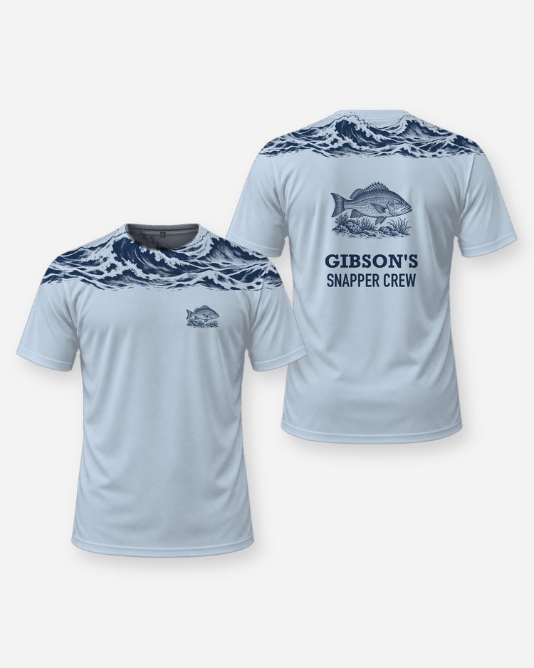 Custom Name Snapper Crew Ocean Wave Yoke Fishing Shirt - front and back