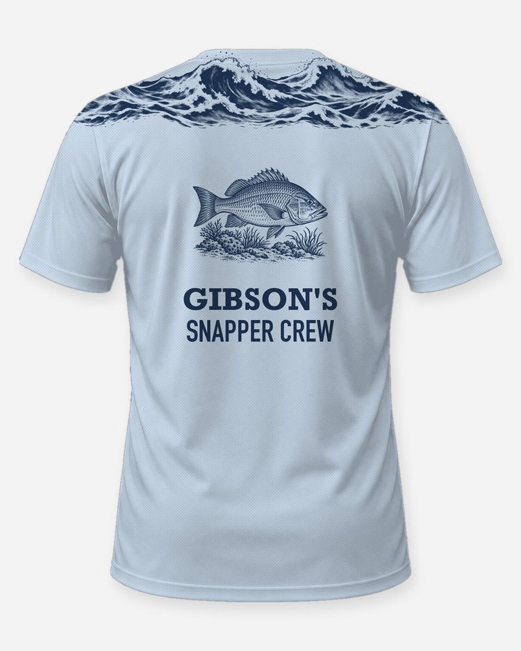 Custom Name Snapper Crew Ocean Wave Yoke Fishing Shirt - back