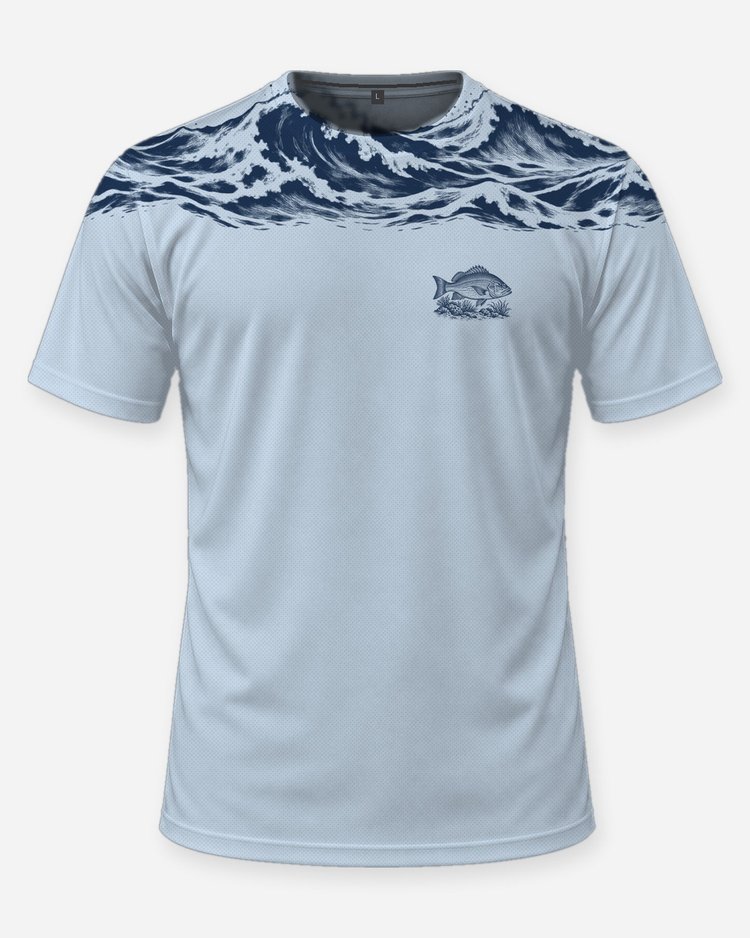 Custom Name Snapper Crew Ocean Wave Yoke Fishing Shirt - front