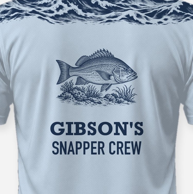 Custom Name Snapper Crew Ocean Wave Yoke Fishing Shirt - print close-up