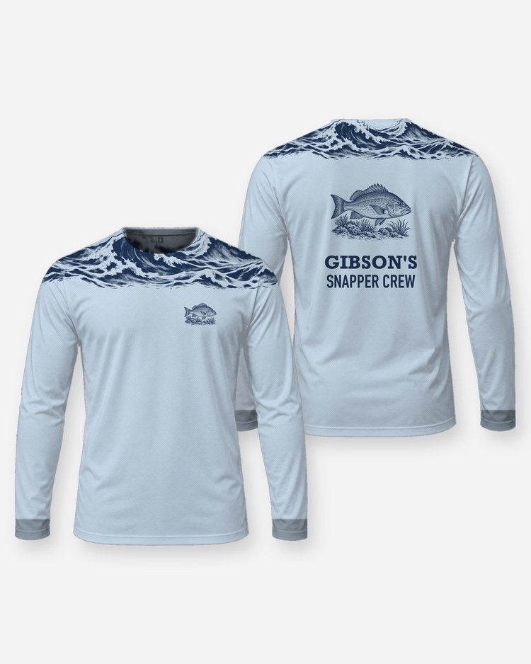 Custom Name Snapper Crew Ocean Wave Yoke Fishing Shirt - Long Sleeve