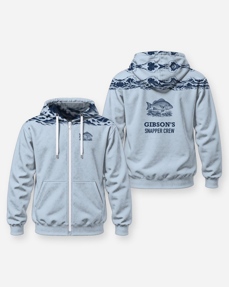 Custom Name Snapper Crew Ocean Wave Yoke Fishing Shirt - Zip Hoodie