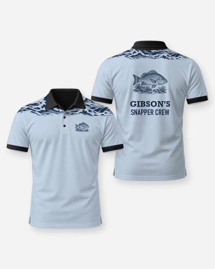 Custom Name Snapper Crew Ocean Wave Yoke Fishing Shirt - Polo