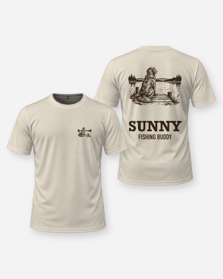 Custom Dog Name Golden Retriever Fishing Buddy Lake Shirt - front and back