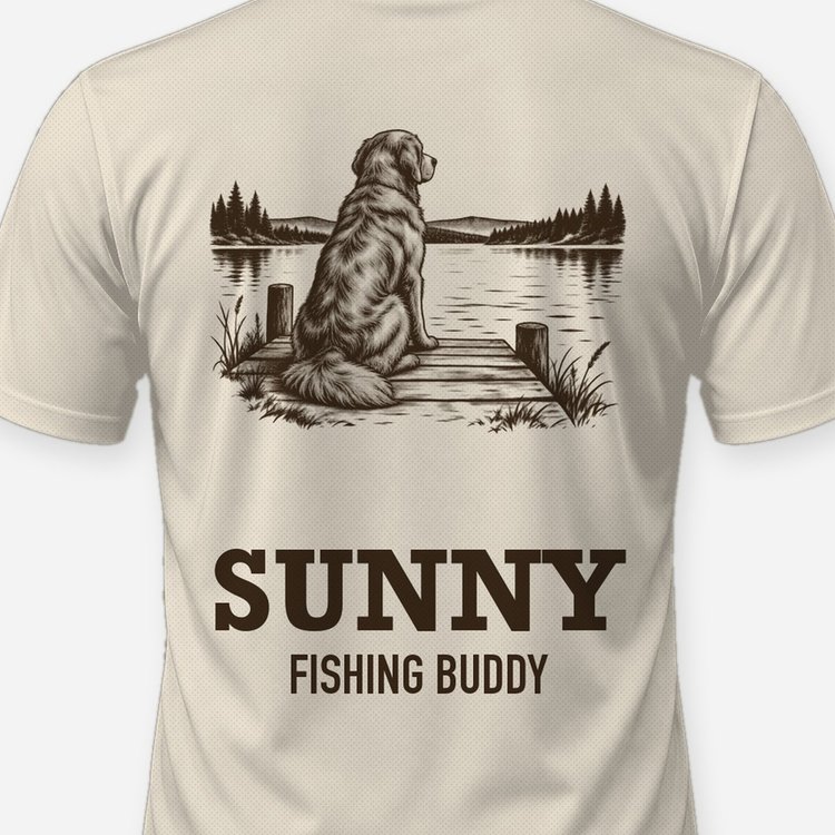 Custom Dog Name Golden Retriever Fishing Buddy Lake Shirt - print close-up