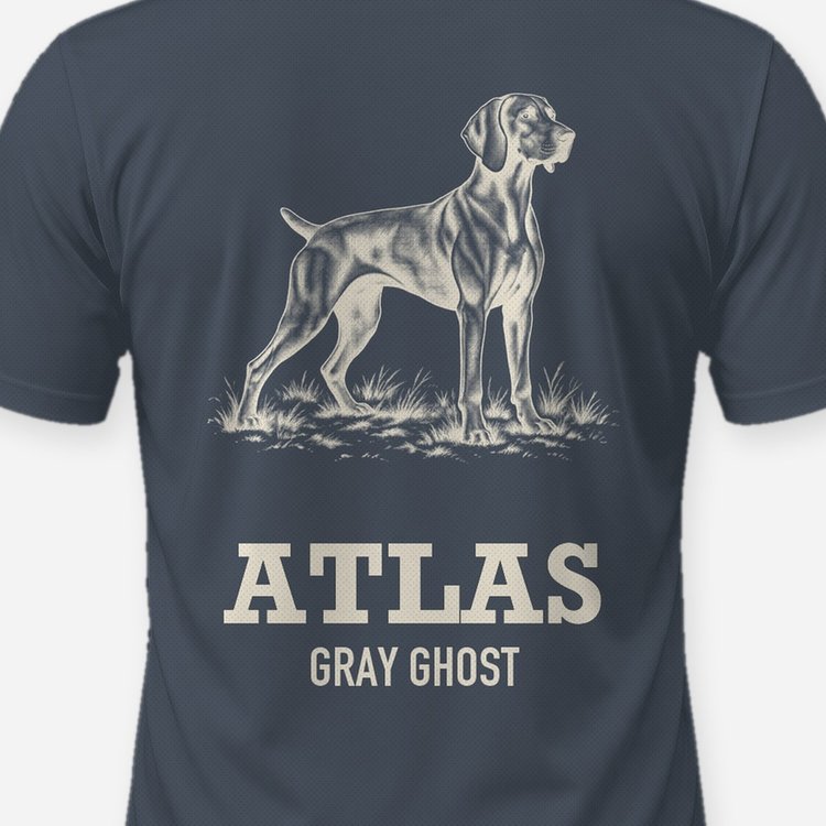 Custom Dog Name Weimaraner Gray Ghost Hunting Shirt - print close-up