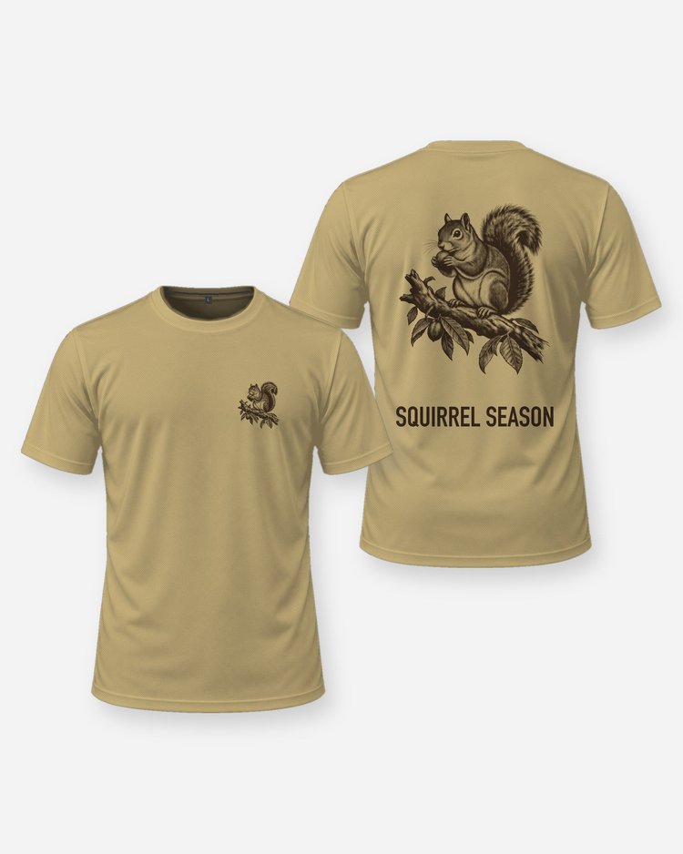 Squirrel Season Fox Squirrel Hickory Woodcut Hunting Shirt - front and back