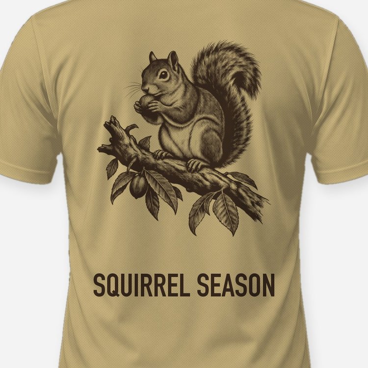 Squirrel Season Fox Squirrel Hickory Woodcut Hunting Shirt - print close-up