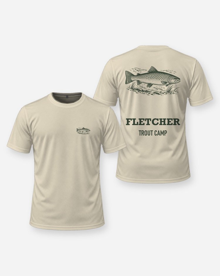 Custom Name Trout Camp Brown Trout Woodcut Fishing Shirt - front and back