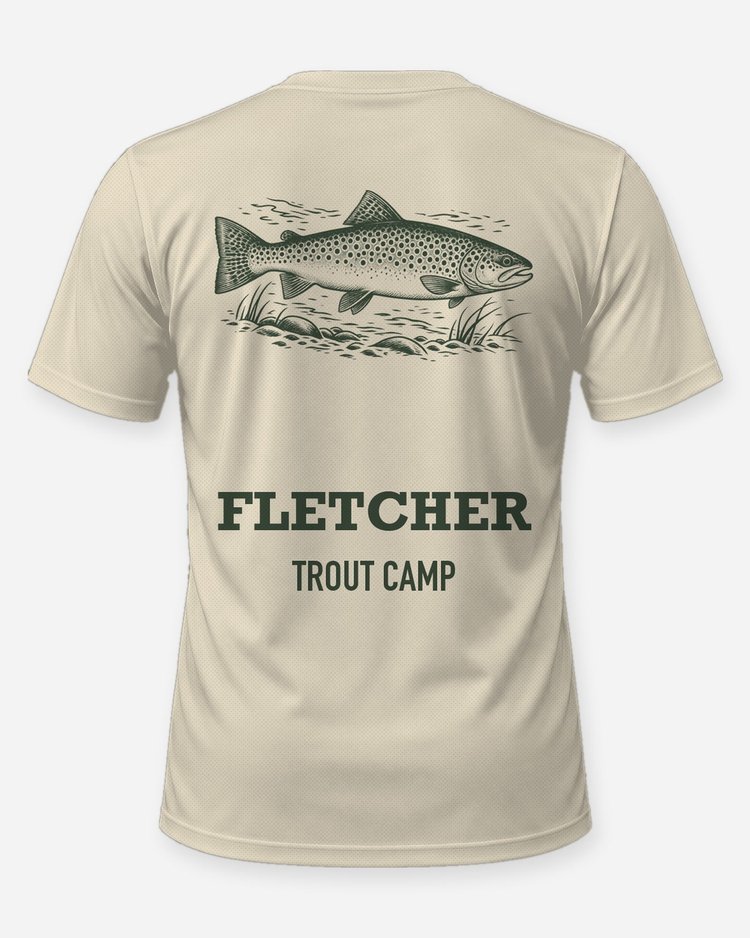 Custom Name Trout Camp Brown Trout Woodcut Fishing Shirt - back