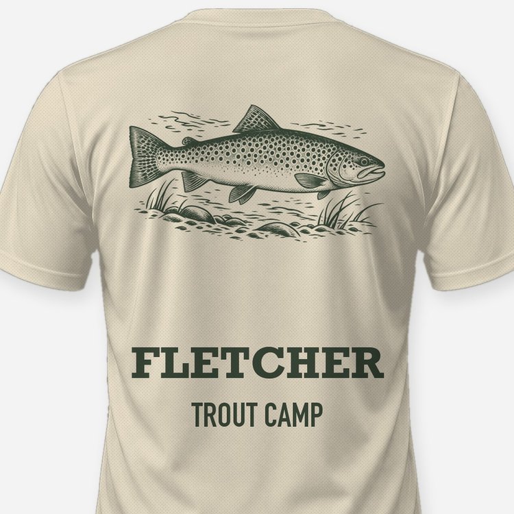 Custom Name Trout Camp Brown Trout Woodcut Fishing Shirt - print close-up