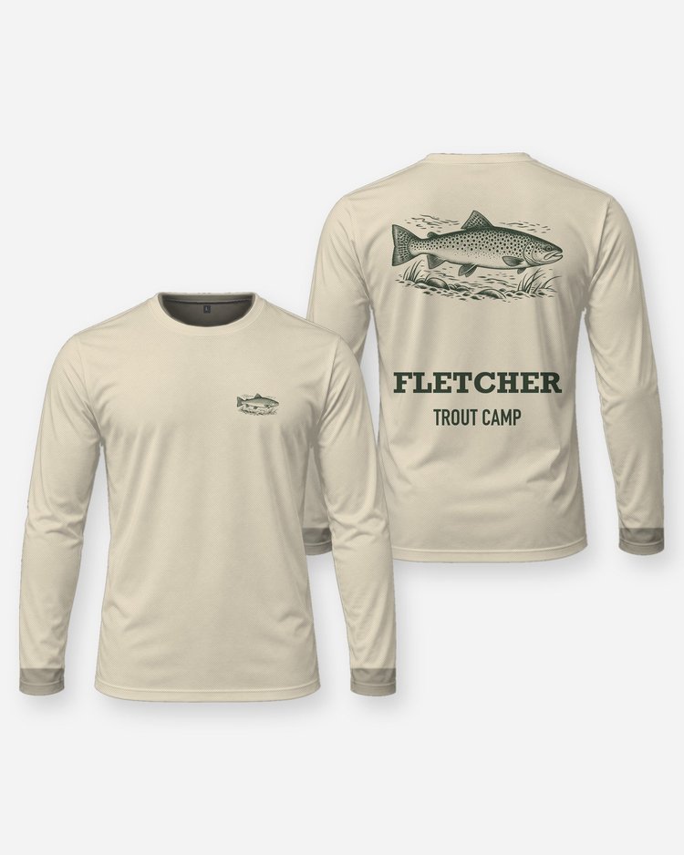 Custom Name Trout Camp Brown Trout Woodcut Fishing Shirt - Long Sleeve