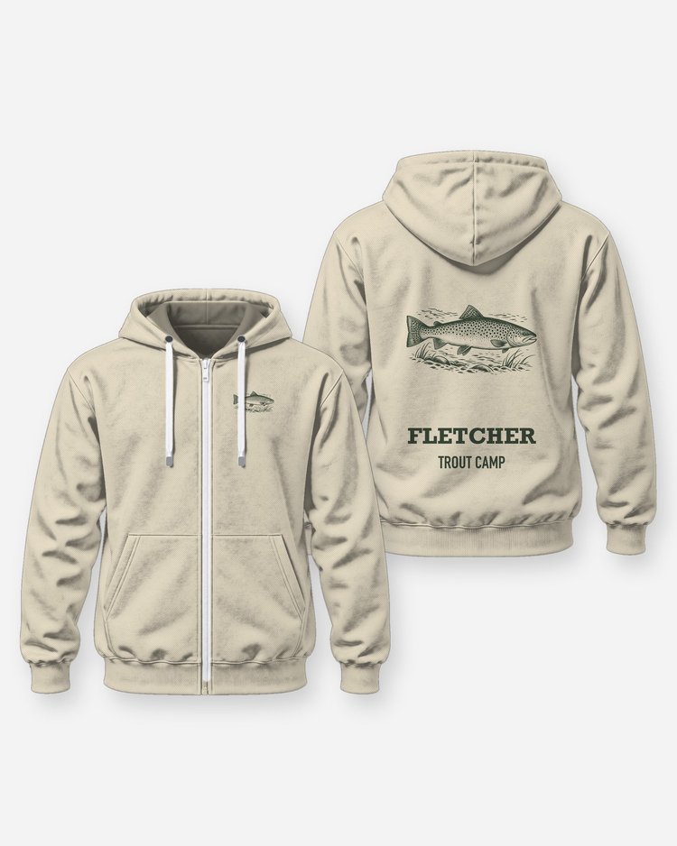 Custom Name Trout Camp Brown Trout Woodcut Fishing Shirt - Zip Hoodie