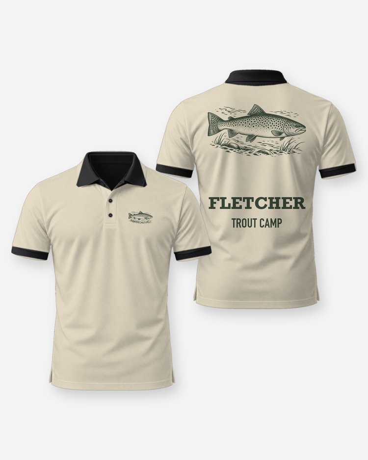 Custom Name Trout Camp Brown Trout Woodcut Fishing Shirt - Polo