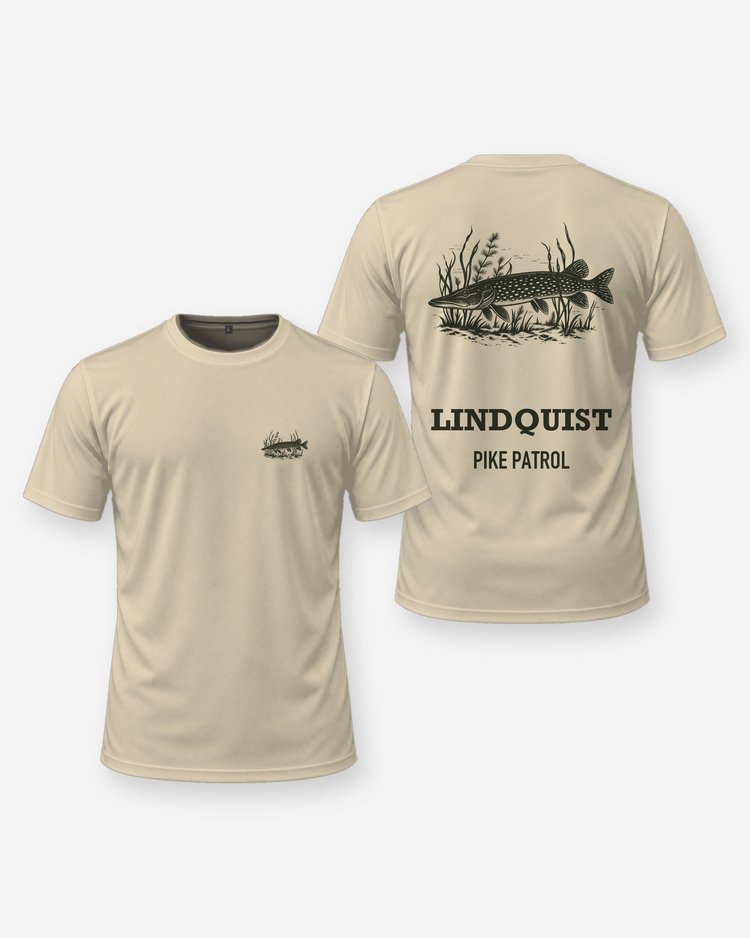 Custom Name Pike Patrol Northern Pike Woodcut Fishing Shirt - front and back