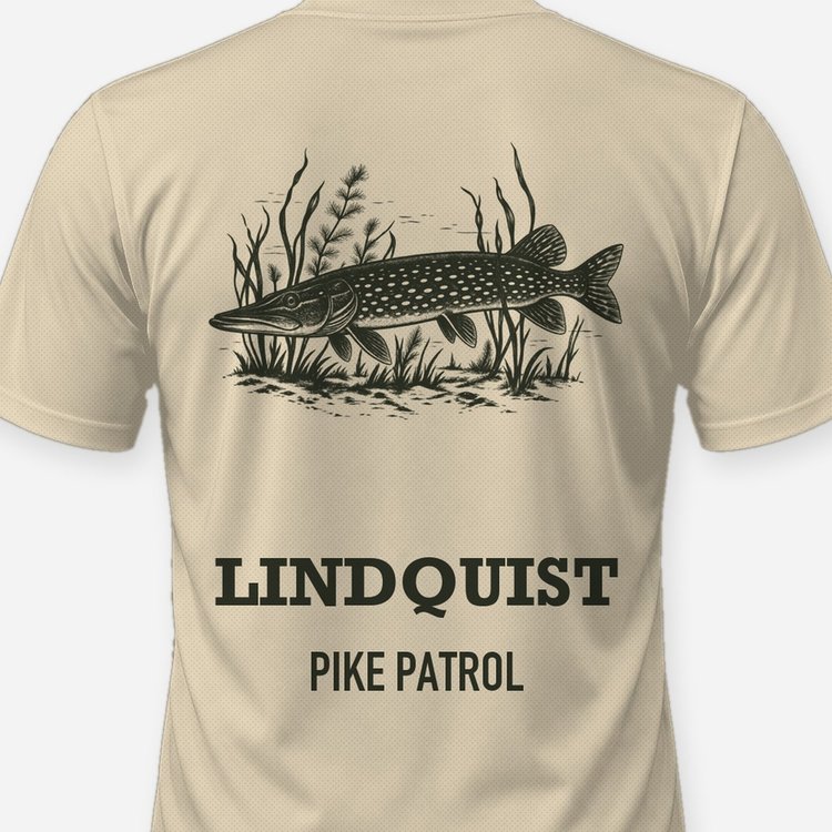 Custom Name Pike Patrol Northern Pike Woodcut Fishing Shirt - print close-up